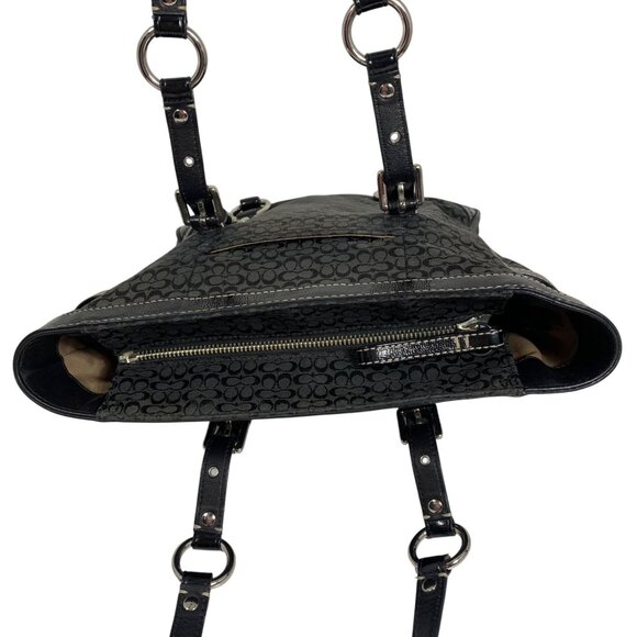 COACH Gallery Tote Signature Black Jacquard Patent Leather Buckle Grommet Straps - Picture 5 of 10